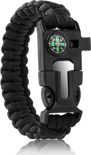 Pulseras, pulseras de supervivencia para hombre, kit de equipo de campamento táctico 5 en 1, con cuerda de paracaídas desmontable de 12 pies, iniciador de fuego, brújula integrada, silbato ETC