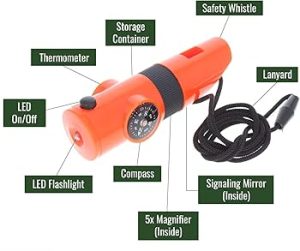 ASR Outdoor Kids Survival 7 en 1 Multiherramienta con Whistle Brújula Linterna LED, NARANJA